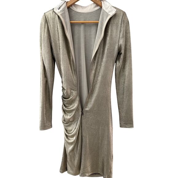 Alice +‎ Olivia Hilary Ruched Gold Metallic Finish Mock Neck Dress Size 4 - Picture 10 of 12